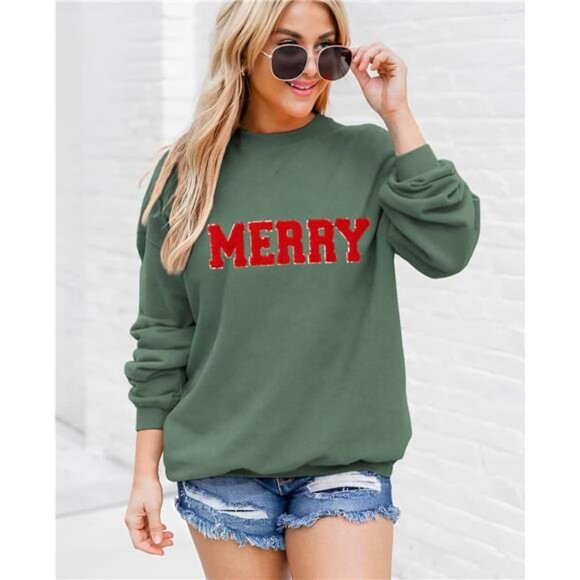 Women’s Merry Christmas Glitter Patch Sweatshirt – Oversized Pullover - Picture 4 of 7